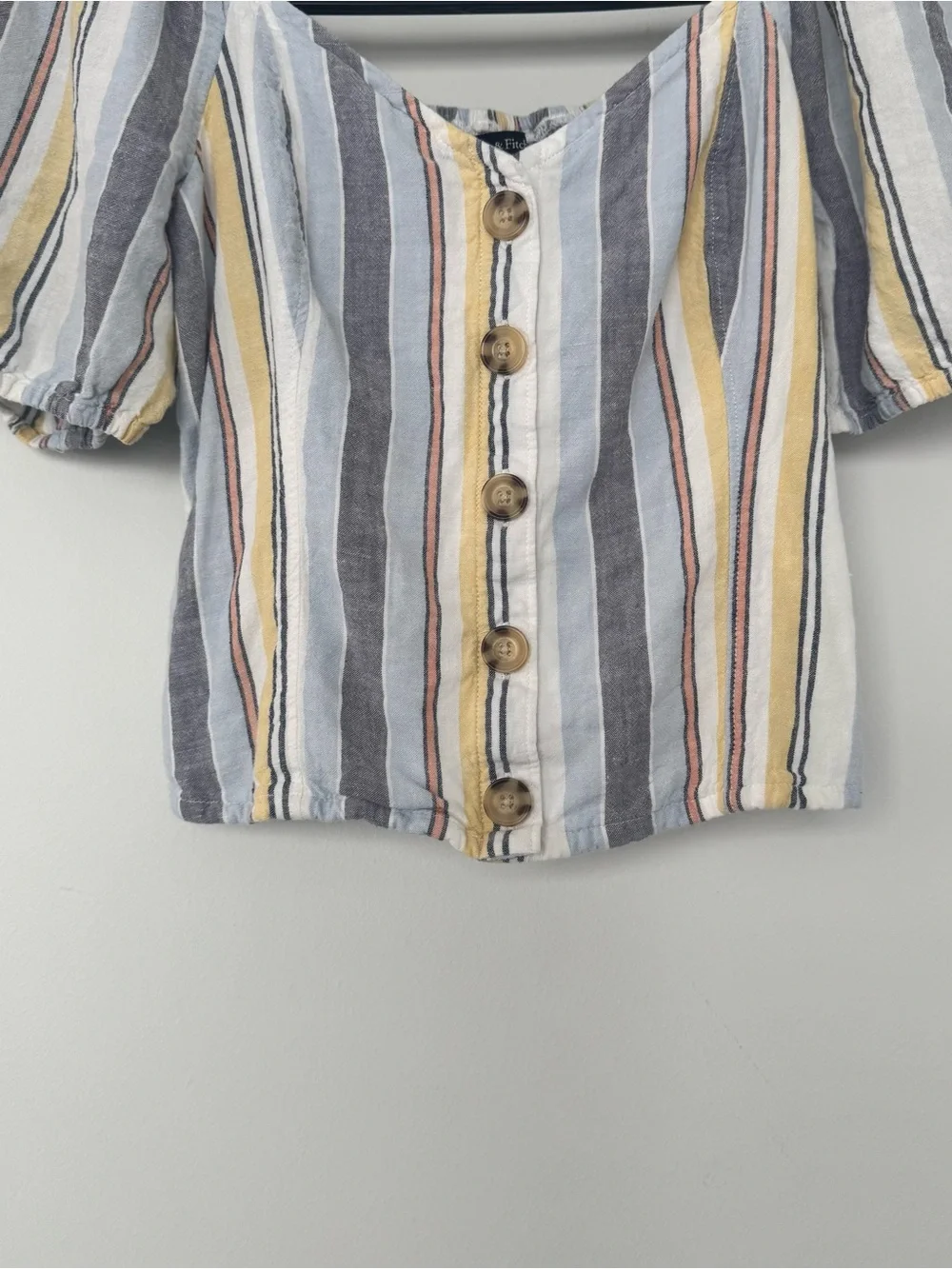 Abercrombie & Fitch Linen Crop Top Pastel Stripe Puff Sleeve Smocked Blouse S
